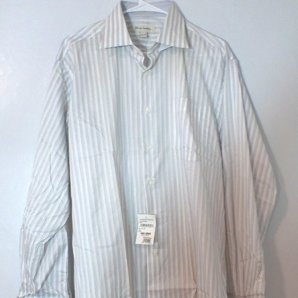 John W Nordstrom French Cuff Dress Shirt 16.5 35 NWT White Gray Stripe 100% Cott